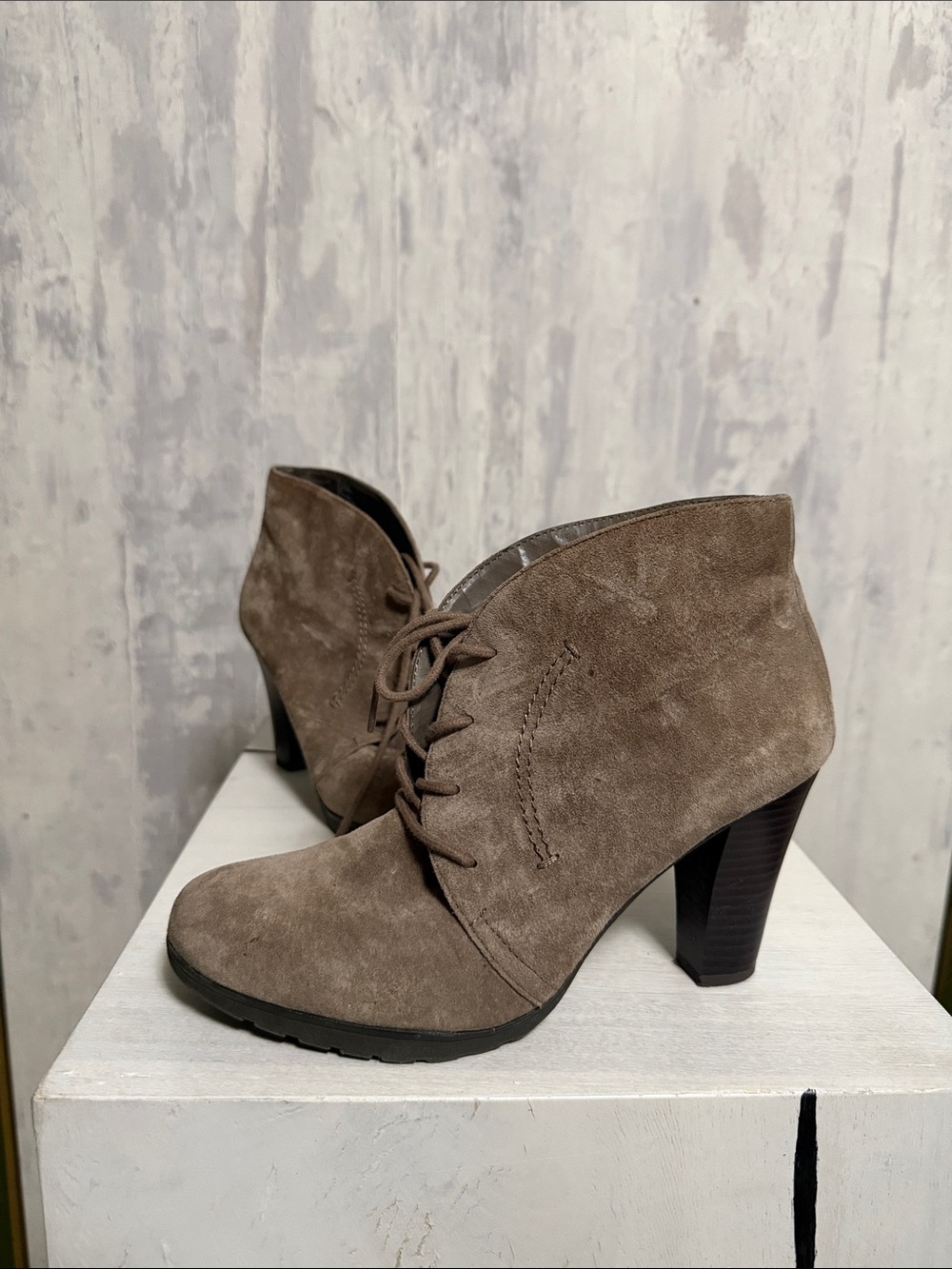 White Mountain Taupe Suede Lace-Up Ankle Bootie with Stacked Heel